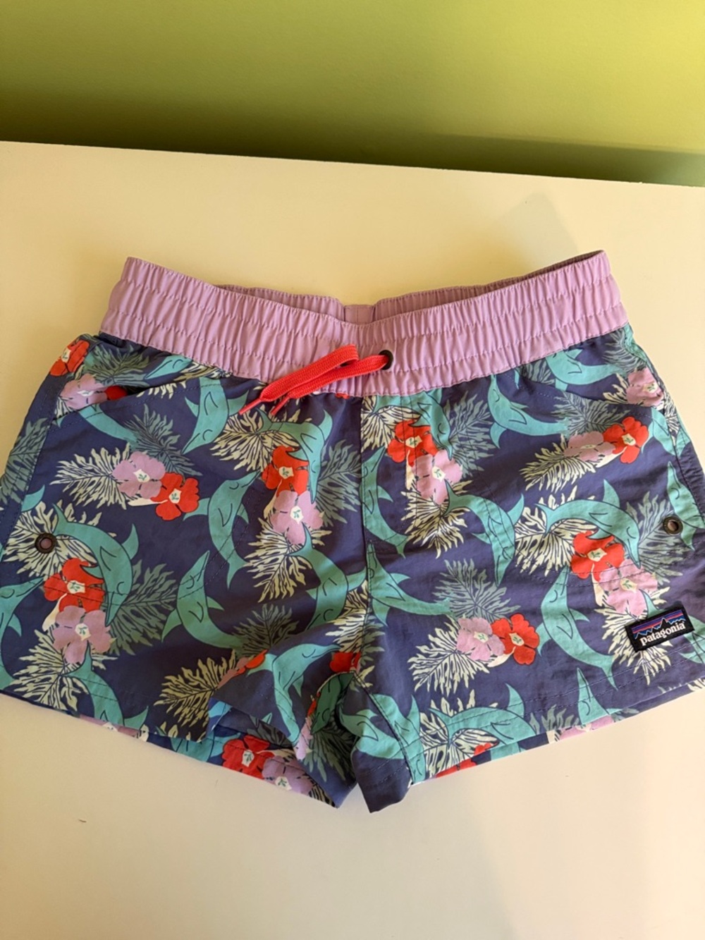 Patagonia girls board shorts Floral Swim Shorts in Purple with Coral Drawstring